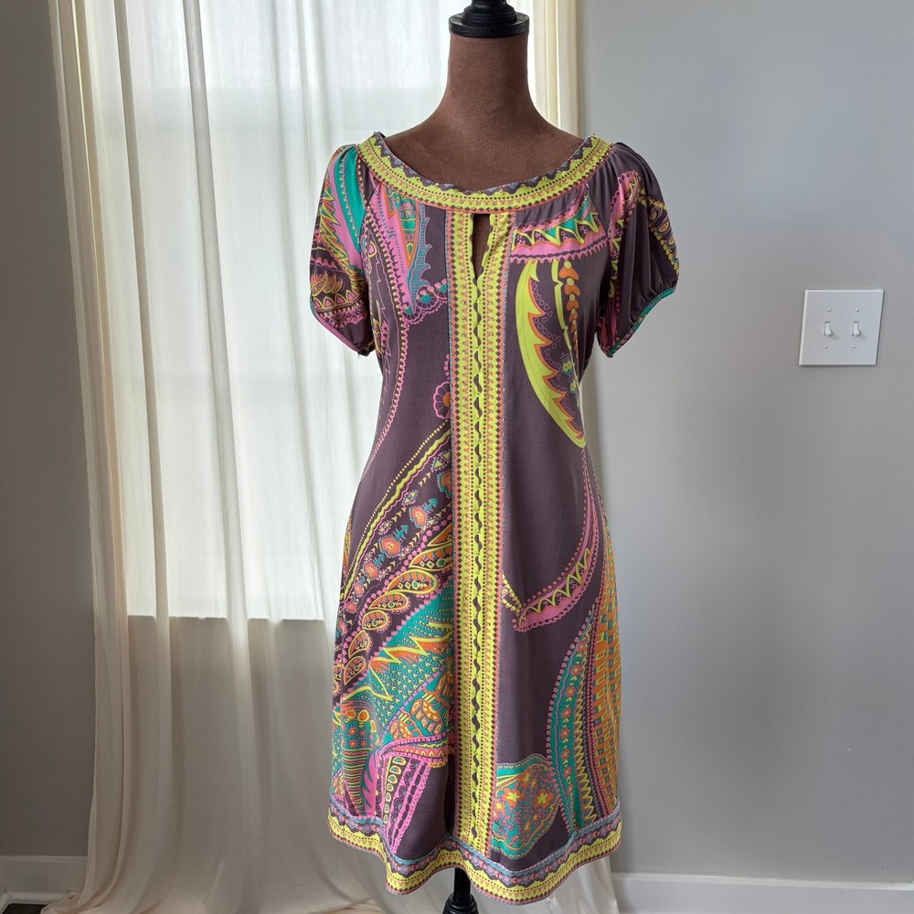 Vintage ICE Dress Small Beaded Keyhole 70s Bohemian Boho Eclectic Mod Revival